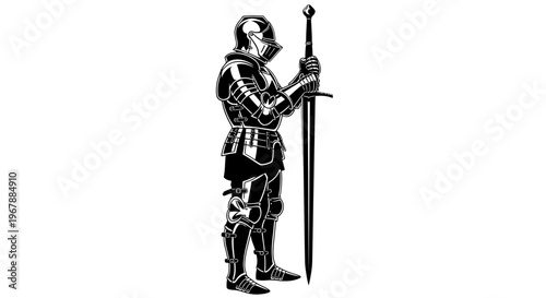 Medieval Knight in Full Armor Holding Longsword, Silhouette Illustration