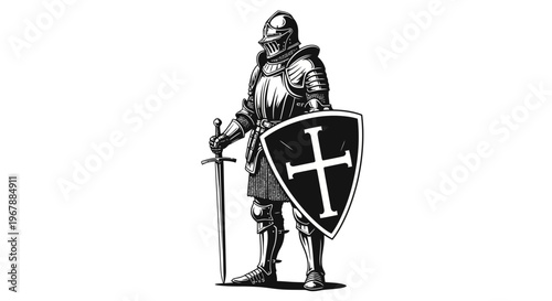 Medieval Knight in Full Armor with Sword and Shield, Emblematic Design