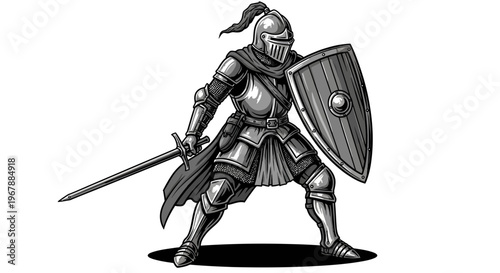 Medieval Knight Warrior in Full Armor Holding Sword and Shield, Ready for Battle
