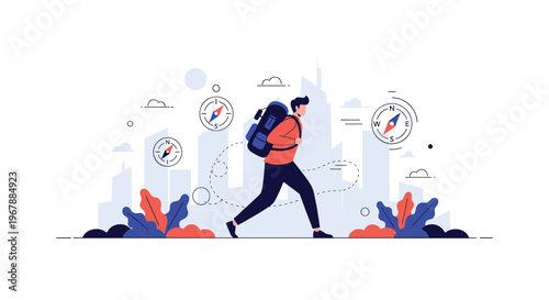 Male traveler with a blue backpack walking through a city skyline with floating compass icons representing navigation and travel.