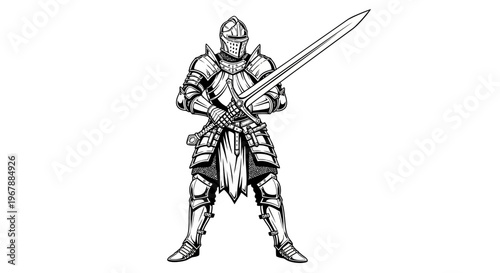 Medieval Knight Warrior in Full Armor Holding Sword