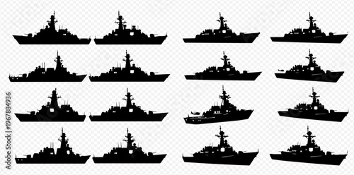 Collection of various warship and destroyer silhouettes, military naval vessels for combat and defense operations.