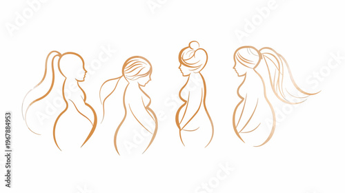 Four pregnant women depicted in golden line art, various hairstyles, facing left, against white