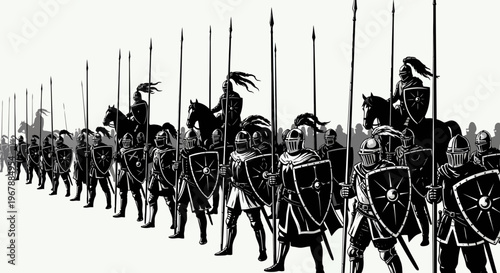 Medieval Knights Army Marching with Spears and Shields