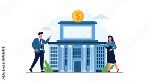 Business professionals standing in front of a blue bank building with a large golden dollar coin on the roof for financial concept.