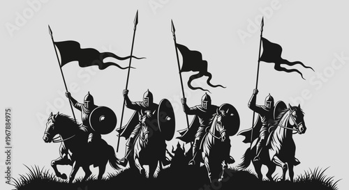 Medieval Knights Cavalry Charge with Flags and Shields