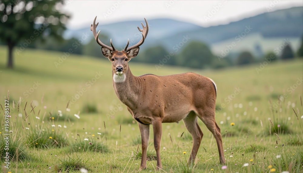 Obraz premium Red Deer Stag with Antlers Standing in a Green Field with a Forest Background