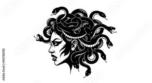 Medusa Gorgon Head Silhouette with Snakes Hair, Greek Mythology Character