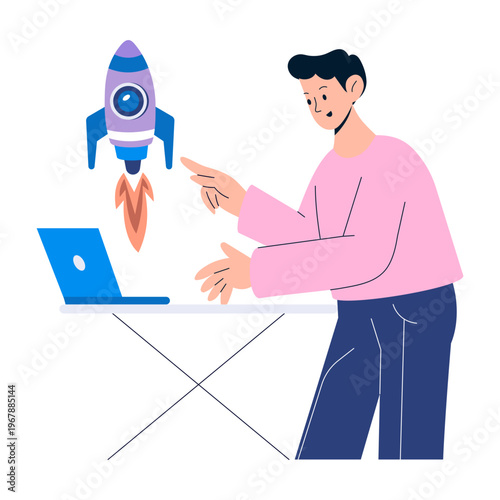 A flat style illustration showing product launch