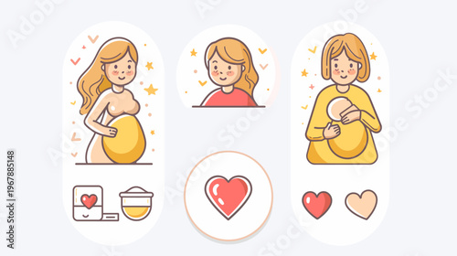 Illustration featuring pregnant women in various stages, in a light, cartoon style