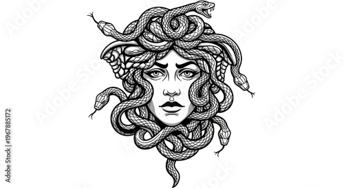 Medusa Gorgon Portrait, Greek Mythology, Snake Hair, Black and White Illustration