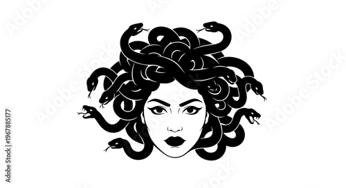 Medusa Gorgon Woman with Snake Hair, Greek Mythology Icon, Black and White Illustration