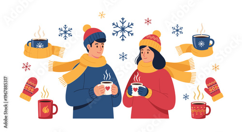 Happy young couple in warm winter clothing holding mugs of hot cocoa surrounded by snowflakes and knitted mittens illustrations.