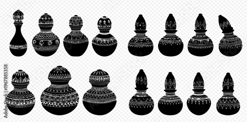 Set of traditional Indian clay pots and vessels with intricate patterns, black and white illustration.