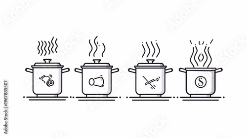 Four cooking pots with lids are steaming, each with a unique logo in a line art style