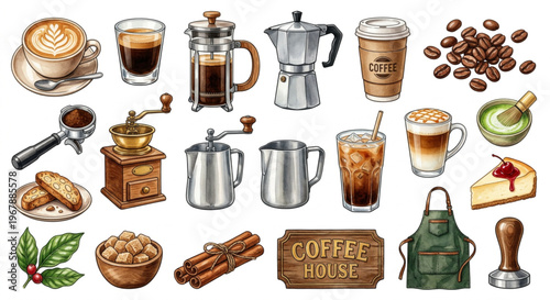 Cozy Coffee Shop and Cafe Elements Watercolor Clipart Vector