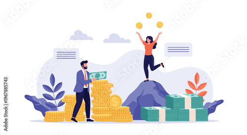 Successful business man and woman standing on piles of gold coins and stacks of cash money to represent wealth and prosperity.