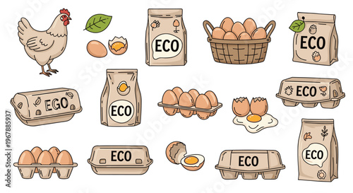 Collection of various eco-friendly egg cartons, paper bags, and fresh organic eggs with eco labels for sustainable farming.