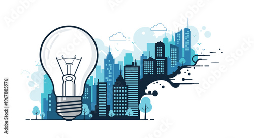 Large transparent lightbulb idea symbol standing in front of a modern blue city skyline to represent urban innovation and energy.