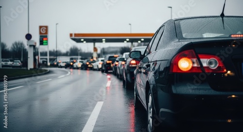 Vehicles in a long line at a gas station on a wet, overcast day, symbolizing delays.