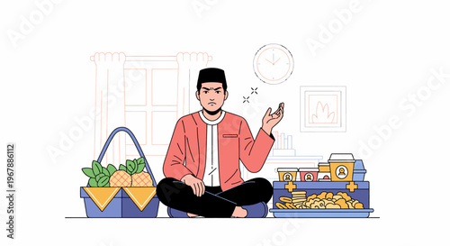 Man With Groceries Seated Cross Legged.
