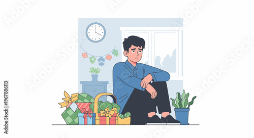 Man With Laptop Surrounded By Groceries At Home.