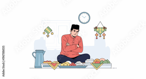 Meditating man seated among books in study scene.