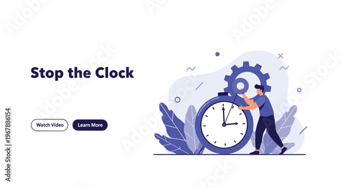 Focused man trying to stop a large blue clock by adjusting gears to represent time management and meeting tight deadlines.
