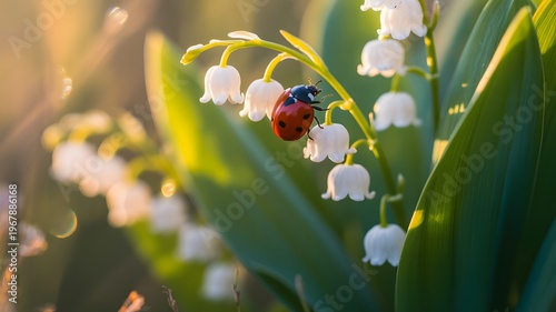 Red ladybug resting on a white lily of the valley flower in a garden