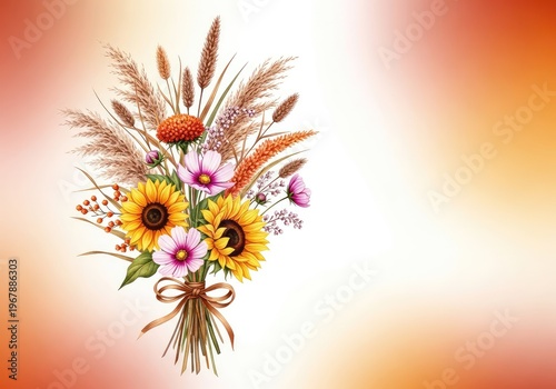 Vibrant orange watercolor autumn bouquet featuring rustic meadow flowers and garden botanicals in a bohemian style for wedding decor, nature, meadow, soft