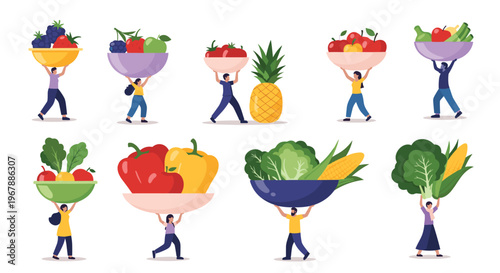 Group of diverse small people carrying giant bowls of organic fruits and vegetables like tomatoes and greens to stay healthy.