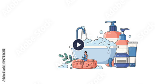 Giant bathtub filled with soap bubbles and bath products with a tiny person sitting on a sponge to represent self-care routines.