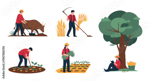Various agricultural scenes showing farmers plowing with a bull, harvesting wheat with a scythe, planting crops, and resting.