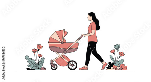 Young mother wearing a pink shirt and black leggings walking with a pink baby stroller among beautiful colorful garden flowers.