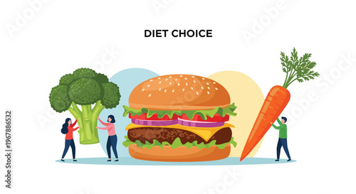 Group of tiny people standing next to a giant hamburger, large broccoli, and a big carrot to represent choosing a healthy diet.