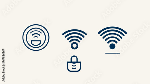 Three wireless connection icons in navy blue are arranged across a cream background