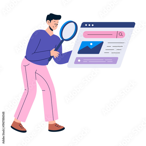 A flat style illustration depicting content analysis