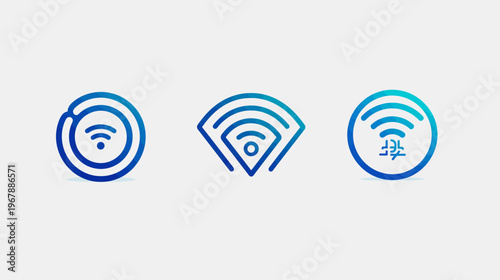 Three stylized blue gradient Wi-Fi symbols on a white background, different shapes