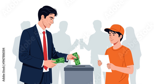 Man and boy putting papers in ballot box.