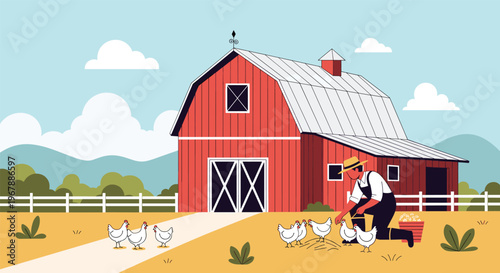 Farmer in a straw hat and overalls feeding a group of white chickens in front of a large red barn on a sunny day in the country.