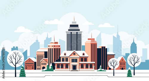 Beautiful winter cityscape featuring snow covered buildings and frosted pine trees under a soft cloudy sky.