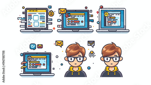Six cartoonish icons showing laptops with icons and a person with glasses