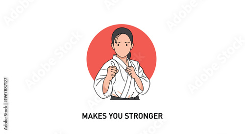 Young female athlete practicing karate or martial arts in a white gi set against a bold red circular background.