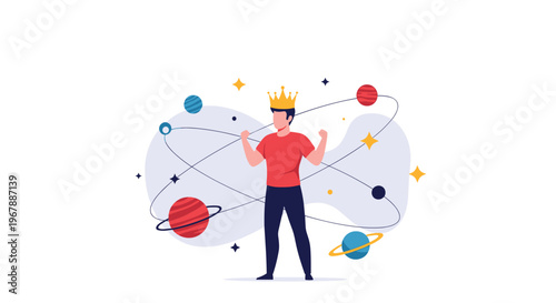 Powerful man wearing a golden crown standing in the center of space surrounded by orbiting planets and stars.