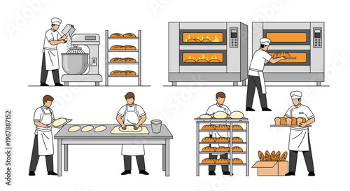 Professional bakers working in a large commercial kitchen preparing various types of bread and using ovens.