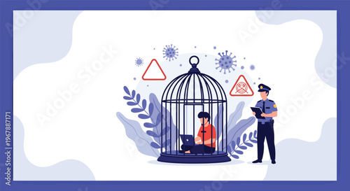 Conceptual illustration of internet censorship showing a person with a laptop locked inside a large birdcage.