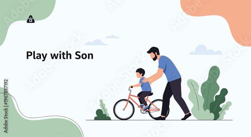 Father teaching his young son how to ride a bicycle in a park with decorative green and orange organic shapes.