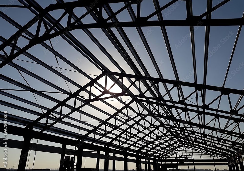 Fototapeta premium Steel framework of an unfinished building with exposed metal beams and trusses against a clear sky