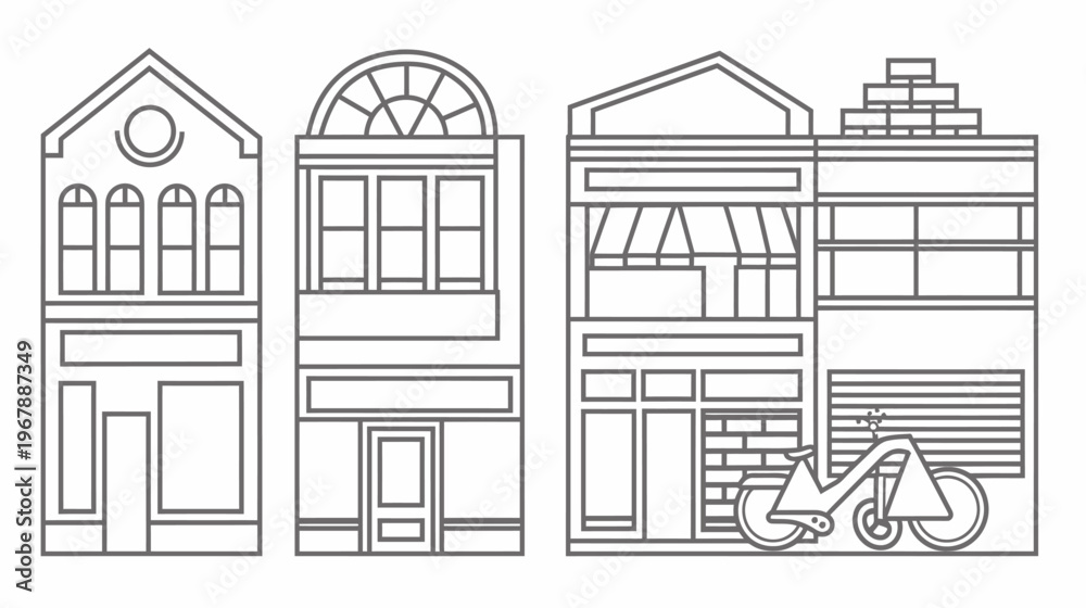 Naklejka premium Gray outlined flat buildings, including a bicycle leaning against the side wall