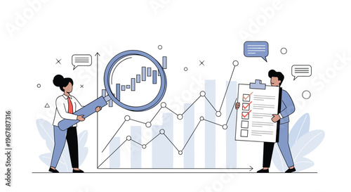 Business professionals analyzing financial growth charts and checking lists for corporate success and data tracking.